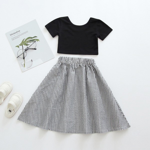 Foreign trade children's skirt 2020 summer new set children's skirt solid color T-shirt + striped skirt girl's skirt set