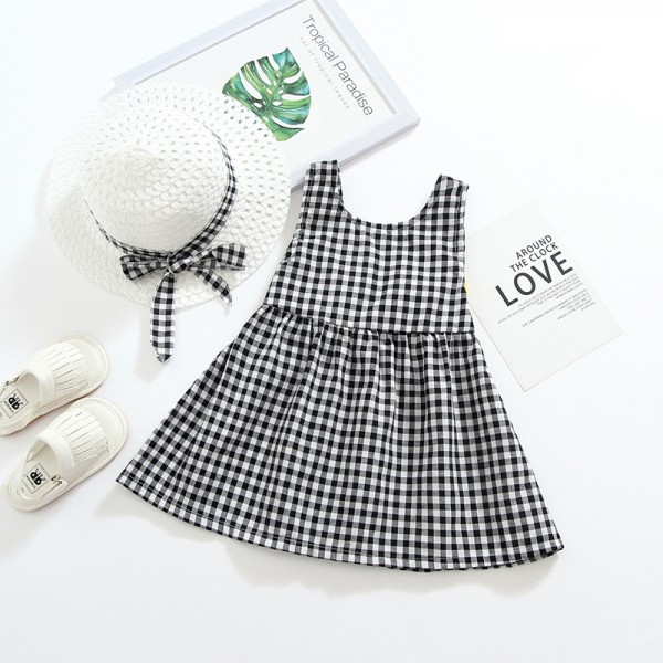 EW foreign trade children's clothing summer 2020 new children's solid color bow Plaid Dress with hat Cx29