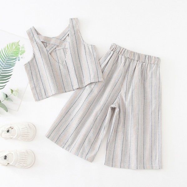 EW foreign trade children's clothing 2020 summer new suit stripe vest wide leg Capris fashion suit tz78-2