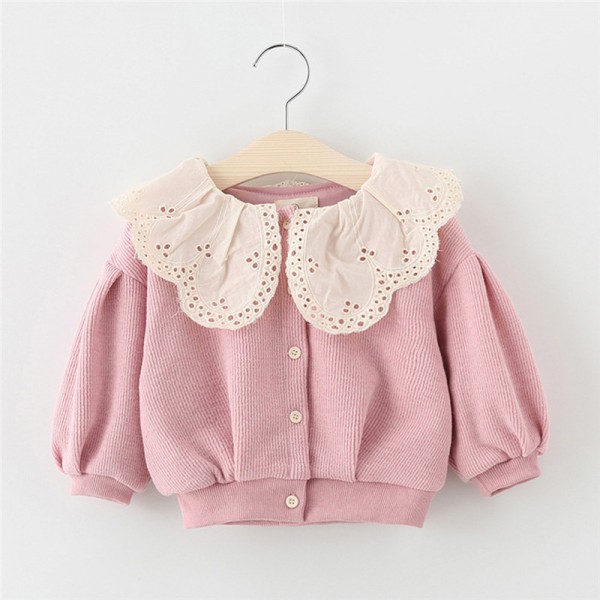 EW foreign trade children's clothing autumn 2019 children's clothing solid color hollow lace Lantern Sleeve children's coat wt82