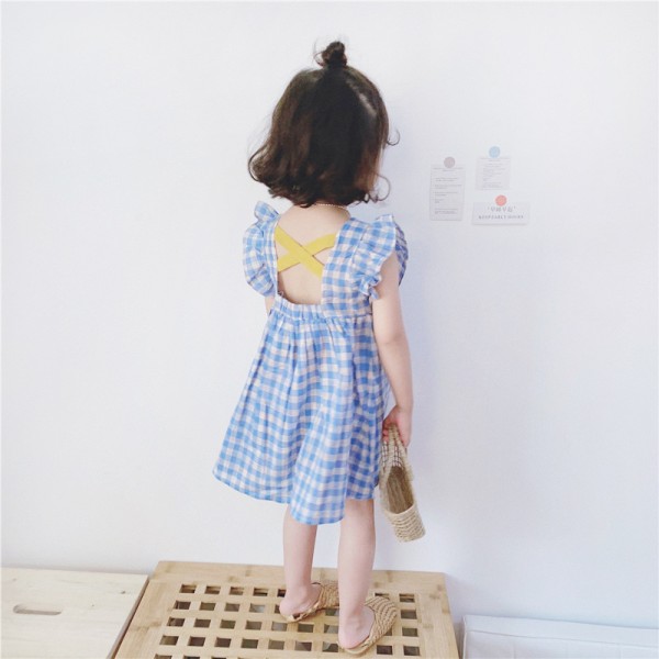 EW foreign trade children's clothing girls' summer 2020 cross back plaid skirt women's treasure dew back flying sleeve princess skirt q182