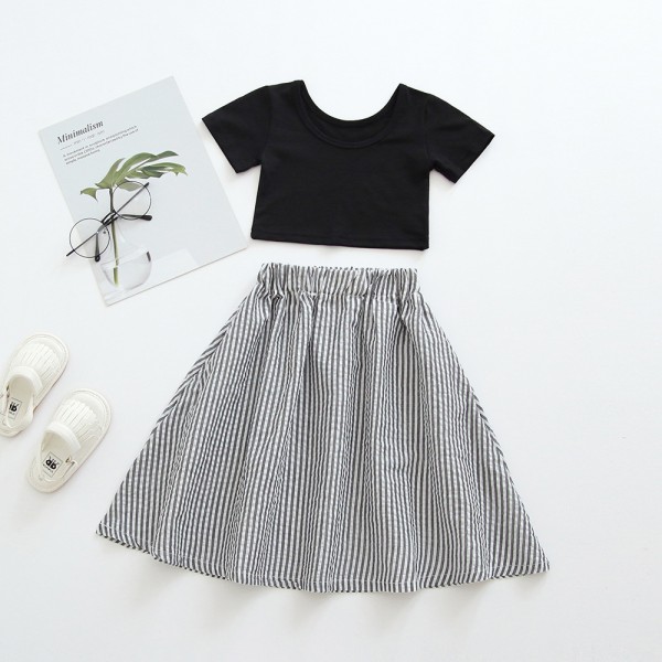 Foreign trade children's skirt 2020 summer new set children's skirt solid color T-shirt + striped skirt girl's skirt set