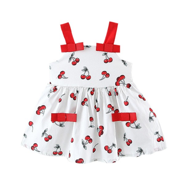 EW foreign trade children's clothing Xiaxin girl's baby printed BOW CHERRY lovely suspender dress MD11