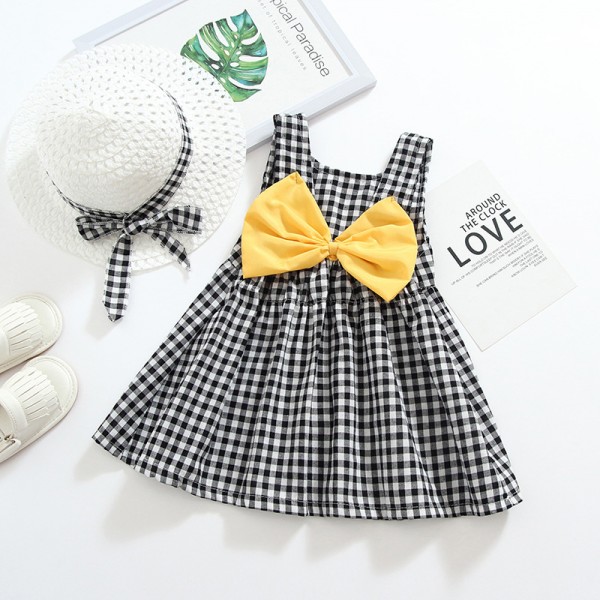 EW foreign trade children's clothing summer 2020 new children's solid color bow Plaid Dress with hat Cx29