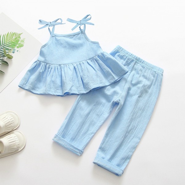 EW foreign trade children's wear 2020 new girl's suit bow sling pants pure color fresh two piece set TZ12