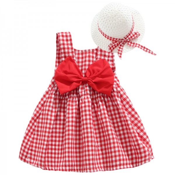 EW foreign trade children's clothing summer 2020 new children's solid color bow Plaid Dress with hat Cx29