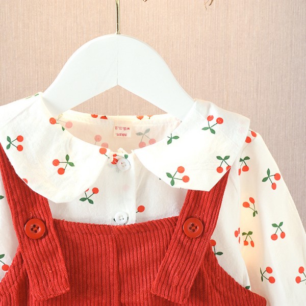 EW foreign trade children's clothing autumn 2020 children's solid cherry top with 2-piece suspender skirt girls' suit