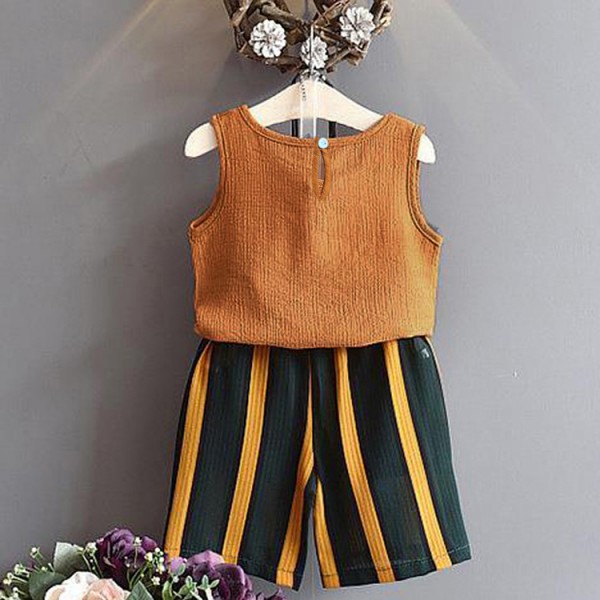 EW foreign trade children's wear Korean girls' summer sleeveless vest striped lace up half length shorts two piece set ew974