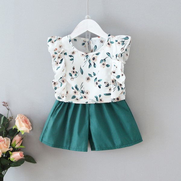 EW foreign trade children's clothing 2020 summer girls' suit lace sleeveless top baby loose shorts two piece set HP12