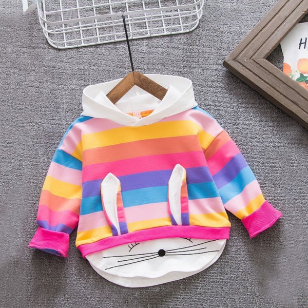 EW girls' Rainbow Striped Sweater 2020 autumn new cartoon rabbit hooded long sleeve T36