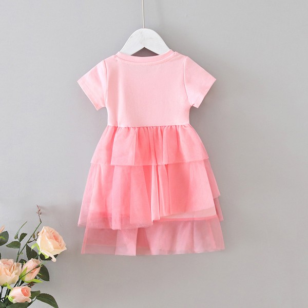 EW foreign trade children's clothing girls letter printing short sleeve new splicing cake skirt baby mesh skirt q186