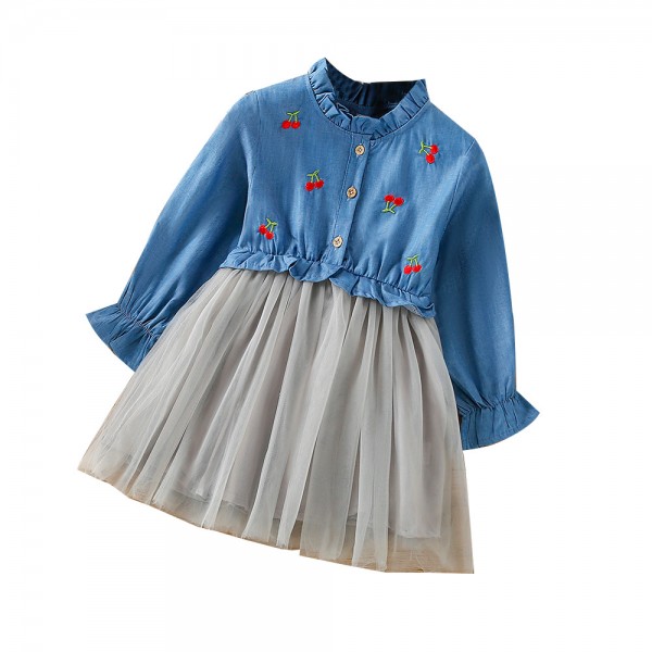 EW foreign trade children's clothing 2021 autumn new girls cherry embroidered long sleeve denim dress 1885