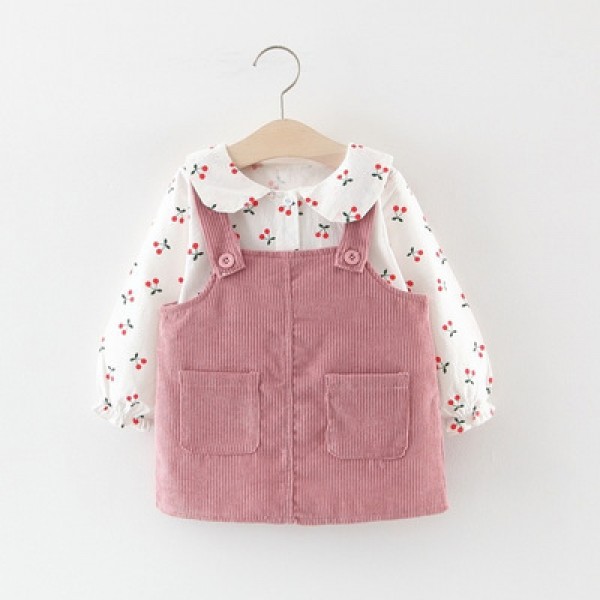 EW foreign trade children's clothing autumn 2020 children's solid cherry top with 2-piece suspender skirt girls' suit