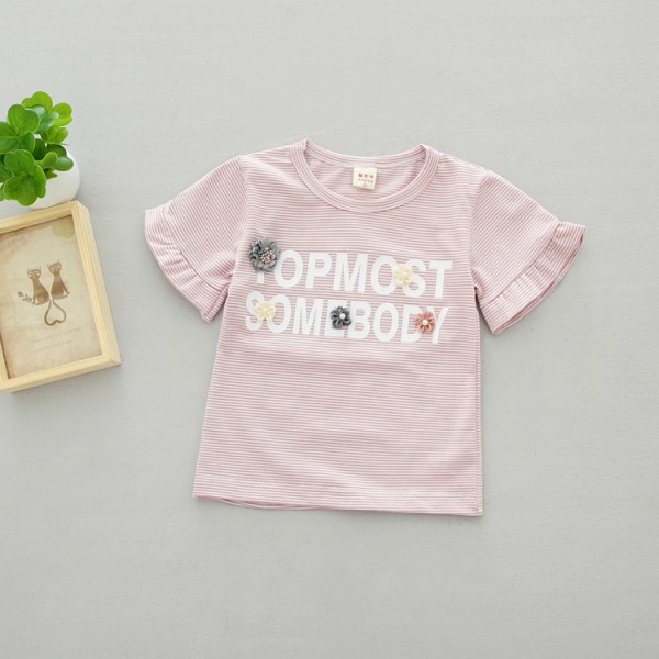 0.4 one foreign trade children's clothing Girls Summer t Korean striped flower short sleeve T-shirt xt01