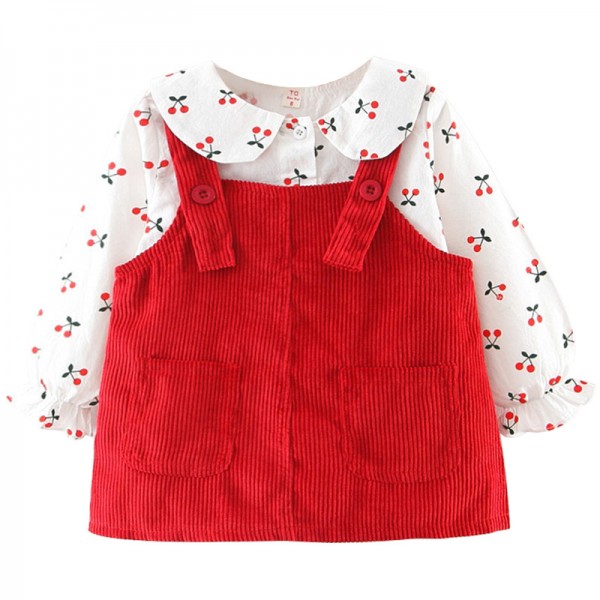 EW foreign trade children's clothing autumn 2020 children's solid cherry top with 2-piece suspender skirt girls' suit