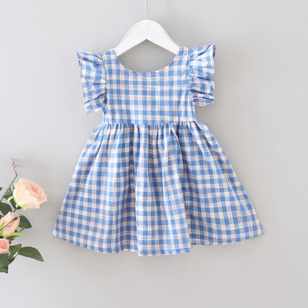 EW foreign trade children's clothing girls' summer 2020 cross back plaid skirt women's treasure dew back flying sleeve princess skirt q182
