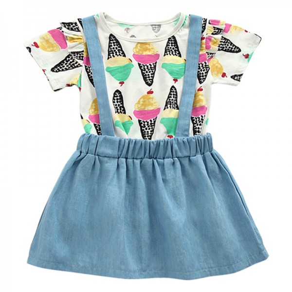 EW foreign trade children's clothing 2020 summer new ice cream printing denim strap skirt set tz41