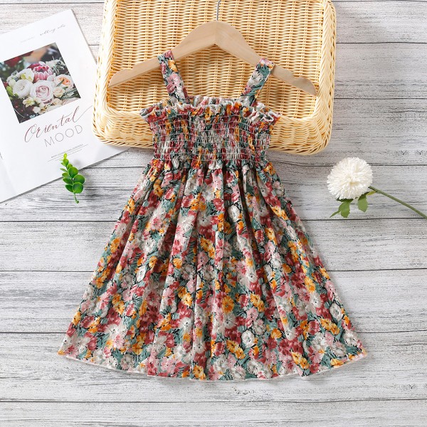 EW foreign trade children's wear 2021 summer new girls' wear floral suspender waist dress Q701