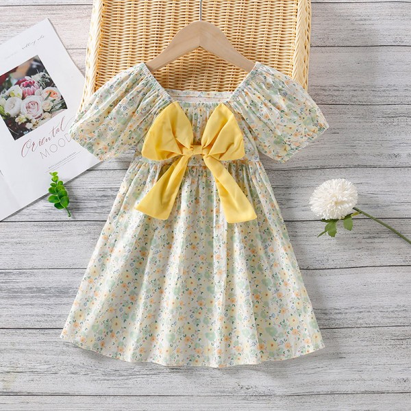 EW foreign trade children's wear 2021 new girls summer floral bow waist dress q705