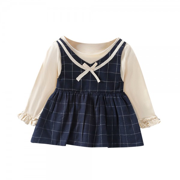 EW foreign trade children's wear girls' spring and autumn two bowknot Plaid long sleeve top q112