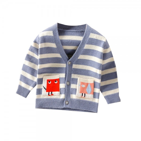 EW foreign trade children's wear 2021 autumn new girl fashion stripe cartoon pocket sweater cardigan mk21