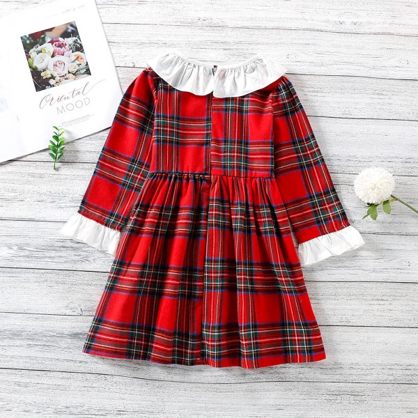 EW foreign trade children's wear 2021 autumn new girl's sweet Christmas doll collar Plaid Dress q534