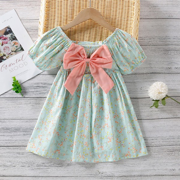 EW foreign trade children's wear 2021 new girls summer floral bow waist dress q705