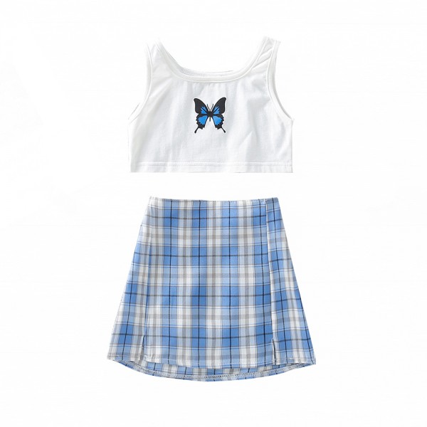 EW foreign trade children's clothing 2021 summer new girl butterfly print Vest Top + plaid skirt tz273