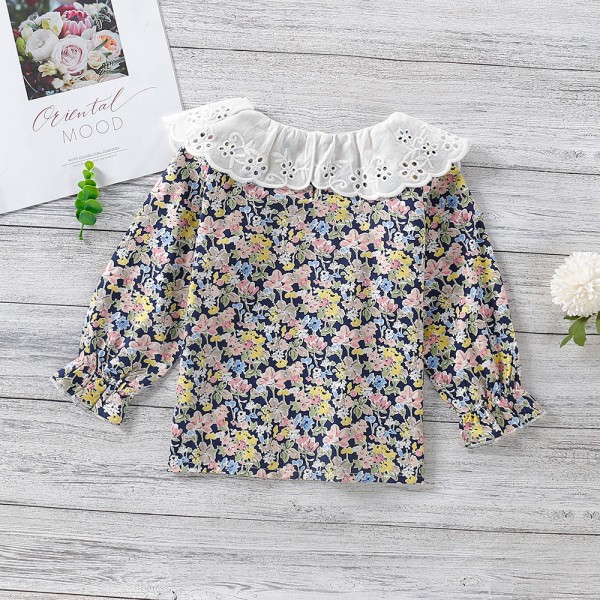 EW foreign trade children's wear 2021 spring and summer new Korean small fresh broken flower baby collar embroidery hollow out top sy11