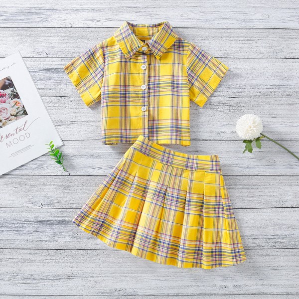 EW foreign trade children's wear girls' 2021 summer wear new college style Lapel Short Sleeve Top + high waist short skirt tz269