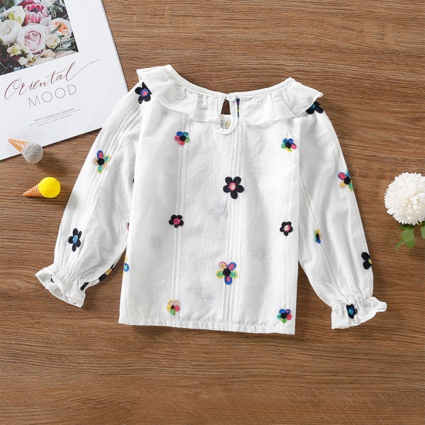EW foreign trade children's wear 2021 autumn new color flower embroidered girl's cute shirt long sleeve T42