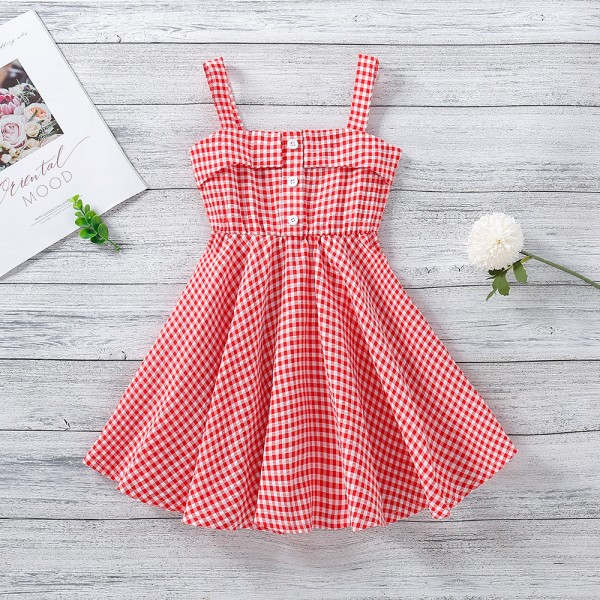 EW foreign trade children's 2021 summer new Korean sling slim Plaid Dress q649-1