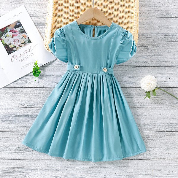 EW foreign trade children's wear 2021 summer new girls' French lace up waist closing thin bubble sleeve dress q611