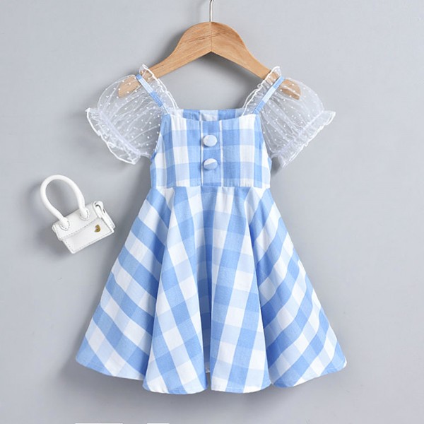 EW foreign trade children's 2021 summer new bubble sleeve lattice Sling Dress we18-1