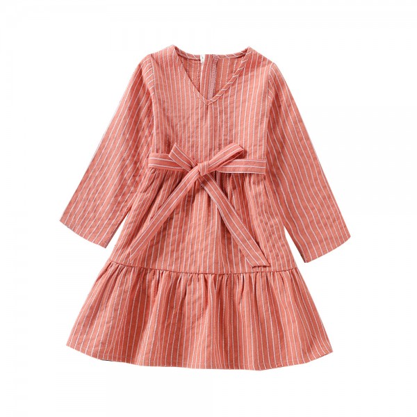 EW foreign trade children's wear 2021 spring and autumn new waist bow striped dress q531