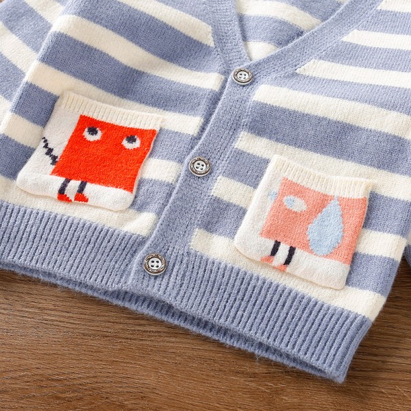 EW foreign trade children's wear 2021 autumn new girl fashion stripe cartoon pocket sweater cardigan mk21