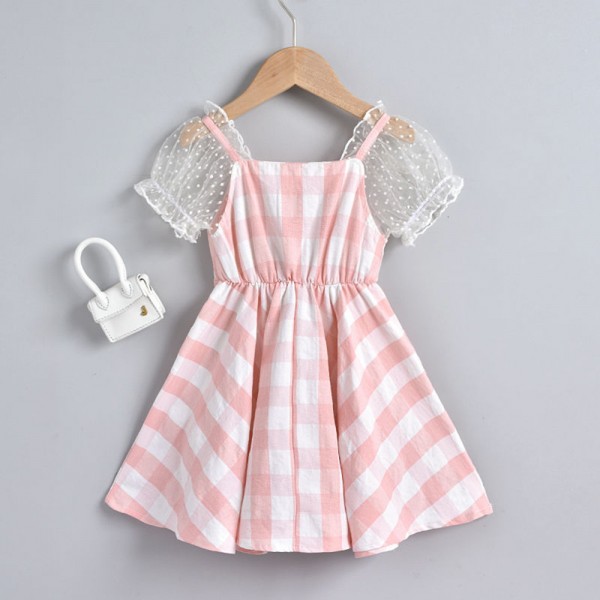 EW foreign trade children's 2021 summer new bubble sleeve lattice Sling Dress we18-1