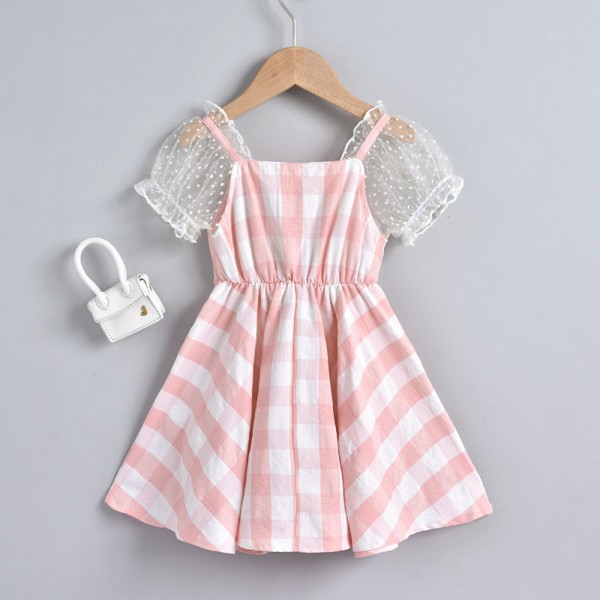 EW foreign trade children's 2021 summer new bubble sleeve lattice Sling Dress we18-1