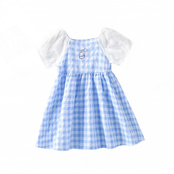 EW foreign trade children's clothing 2021 summer Korean girls' cartoon Plaid splicing short sleeve dress wp86