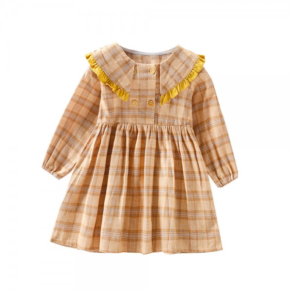 EW foreign trade children's wear: new autumn girls' big Lapel Long Sleeve Plaid Dress q503-537