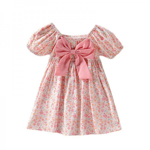 EW foreign trade children's wear 2021 new girls summer floral bow waist dress q705