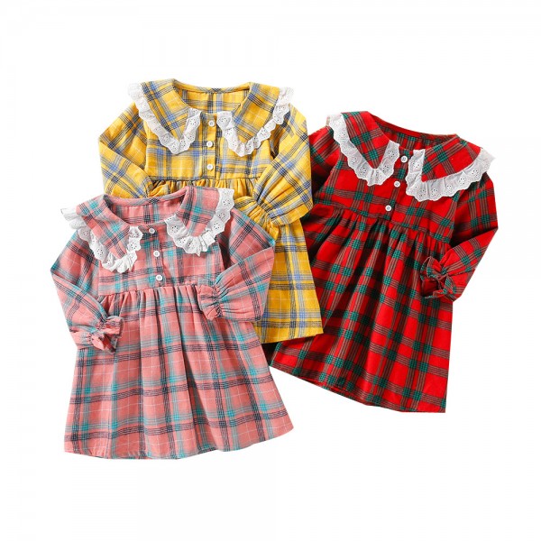 EW foreign trade children's wear 2021 autumn girl's Plaid long sleeve skirt autumn sweet pastoral dress 1991
