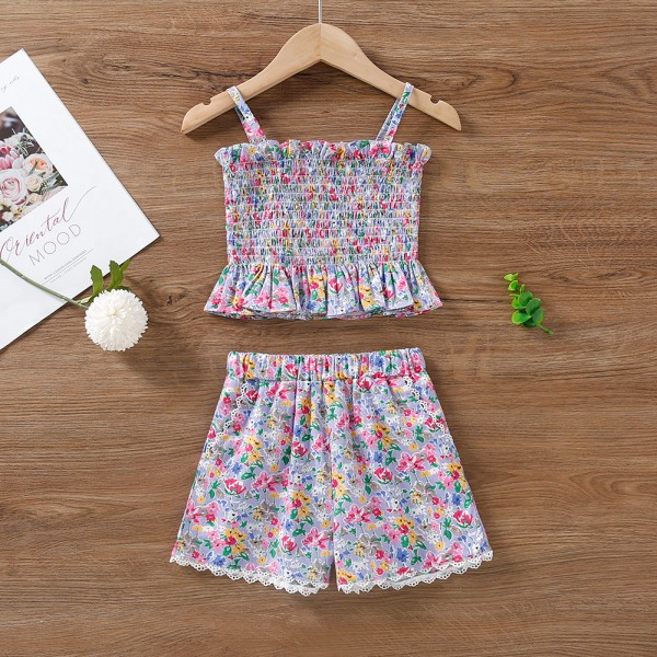 EW foreign trade children's wear 2021 summer wear new girls' fresh floral suspender Top + High Waist Shorts tz241