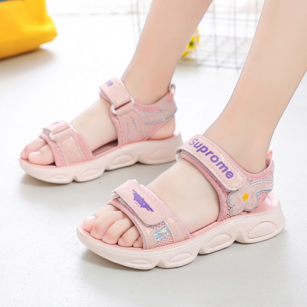 2021 summer women's leather leisure children's sandals Velcro beach shoes breathable children's shoes manufacturers wholesale