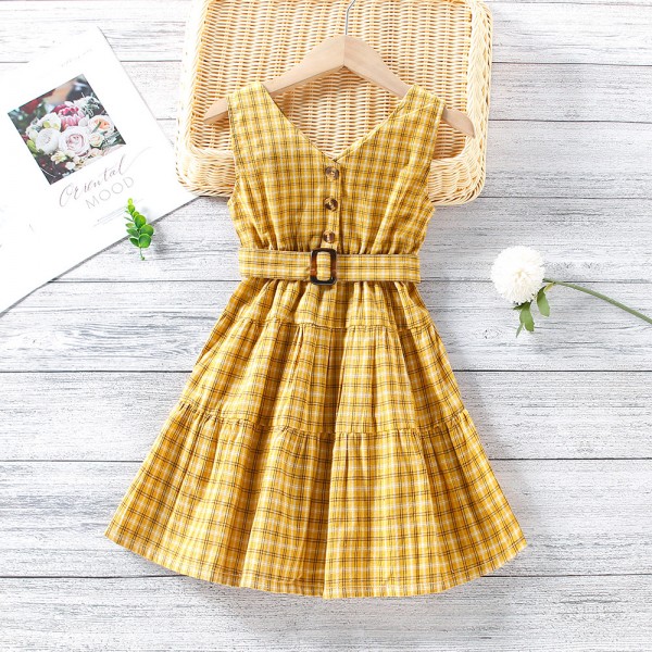 EW foreign trade children's clothing 2021 summer new girls' single breasted V-neck Plaid sleeveless vest dress q156