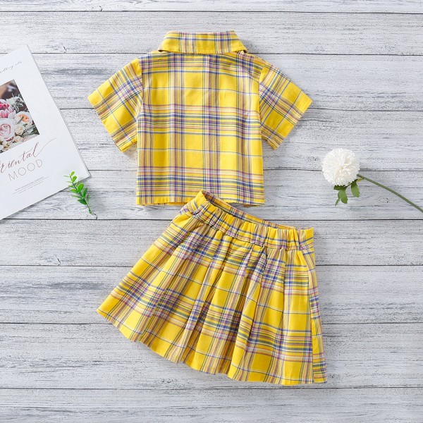 EW foreign trade children's wear girls' 2021 summer wear new college style Lapel Short Sleeve Top + high waist short skirt tz269