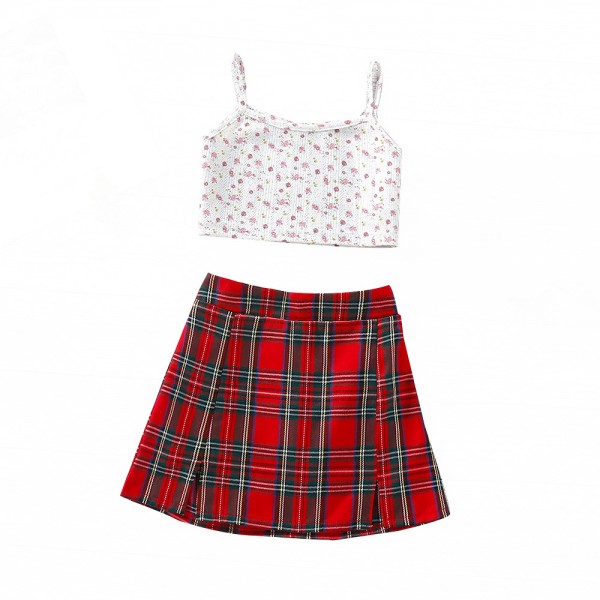 EW foreign trade children's clothing 2021 summer new girls lovely floral suspender Top + plaid skirt tz268