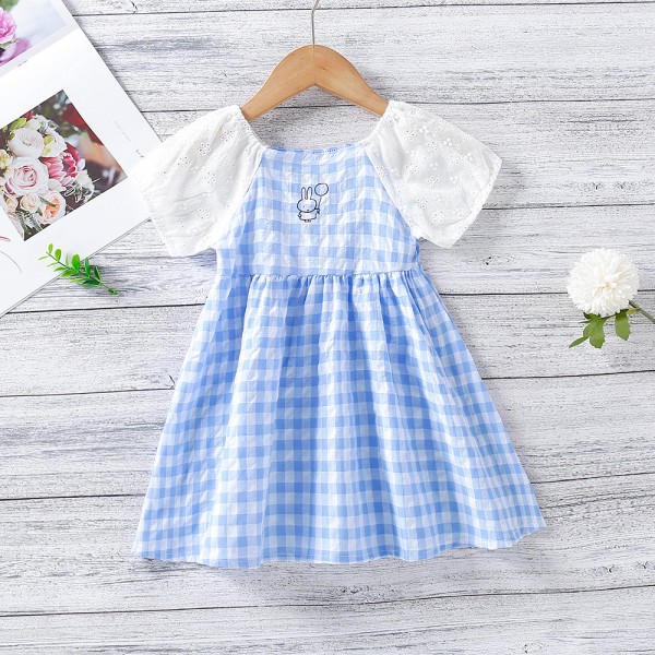 EW foreign trade children's clothing 2021 summer Korean girls' cartoon Plaid splicing short sleeve dress wp86