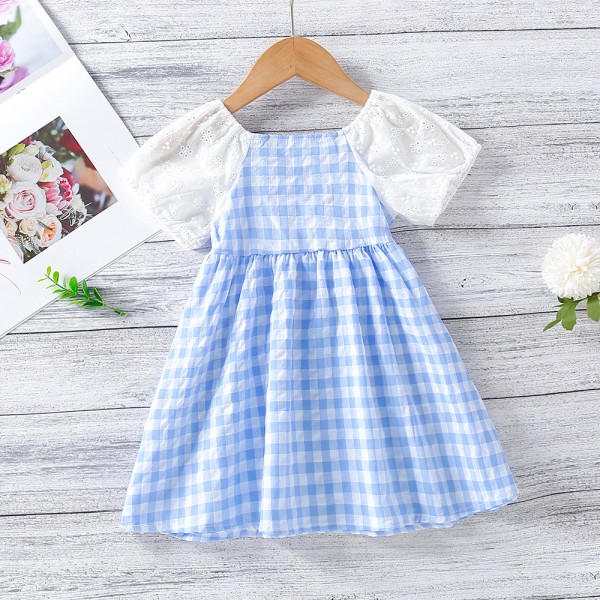 EW foreign trade children's clothing 2021 summer Korean girls' cartoon Plaid splicing short sleeve dress wp86