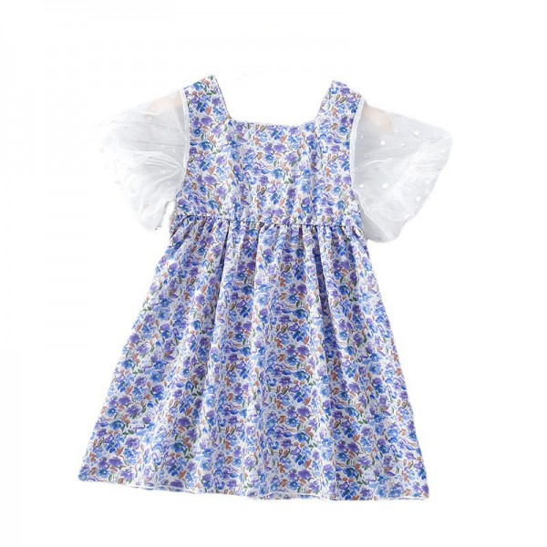 EW foreign trade children's 2021 summer new girls' floral screen sleeve dress wp76